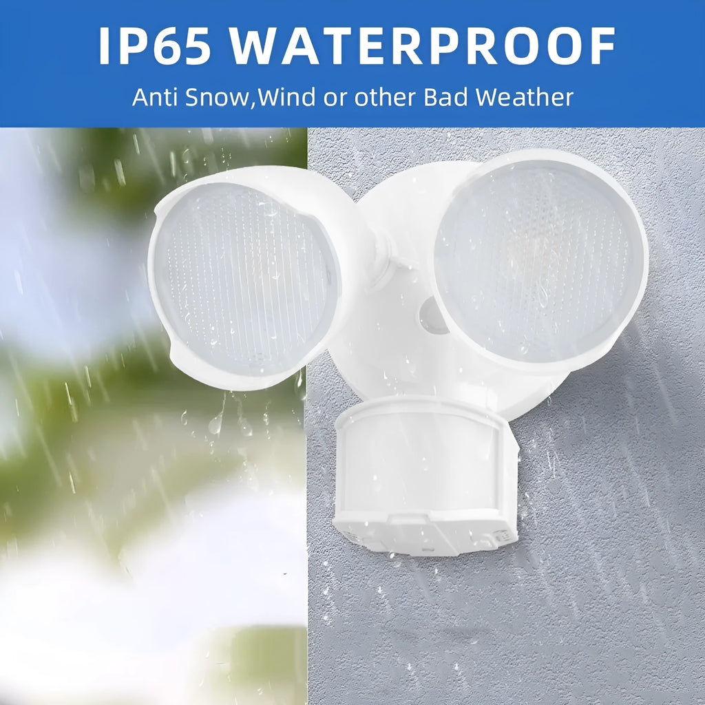 White 120V LED security floodlight with motion sensor showing wall mount bracket and dimensions.