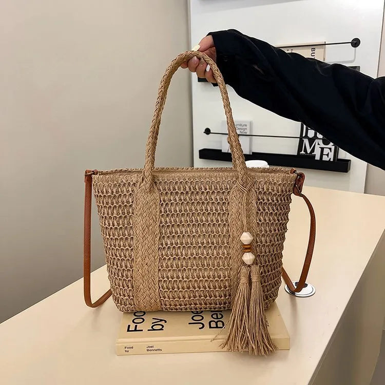 Women's straw woven crossbody shoulder bag in milky white or khaki with large capacity