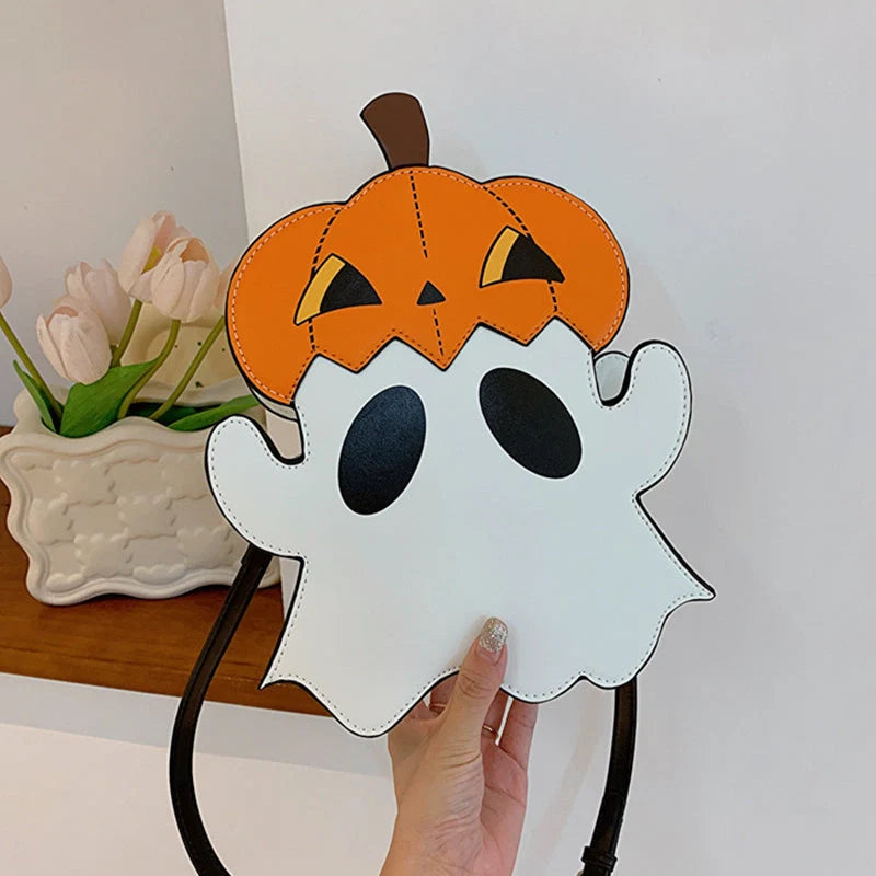 Halloween shoulder bag with 3D cartoon pumpkin ghost design in white