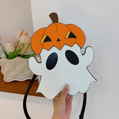 Halloween shoulder bag with 3D cartoon pumpkin ghost design in white
