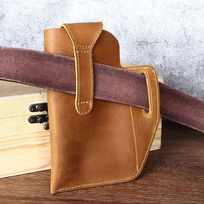 Men's black retro leather phone hanging belt bag with car suture detailing and cover-type opening