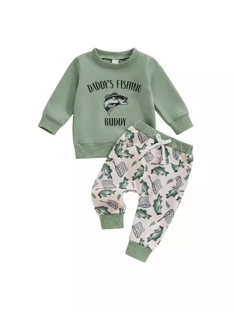 Boys cotton long sleeve top and trousers suit in animal letter print, green and orange colour options