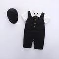 Cotton short sleeve baby romper for boys, black, with removable hood, British gentleman style