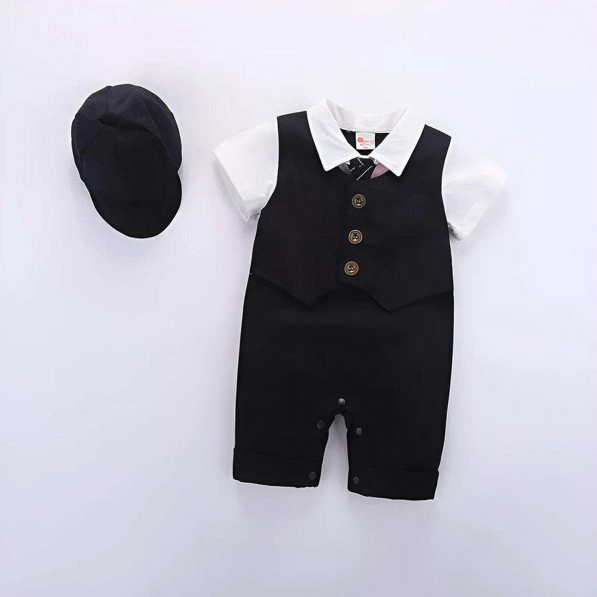 Cotton short sleeve baby romper for boys, black, with removable hood, British gentleman style