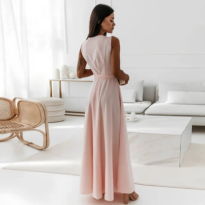 Women’s V-neck sleeveless maxi dress in navy blue with mid-waist belt, polyester fabric, length 144cm size M for party wear