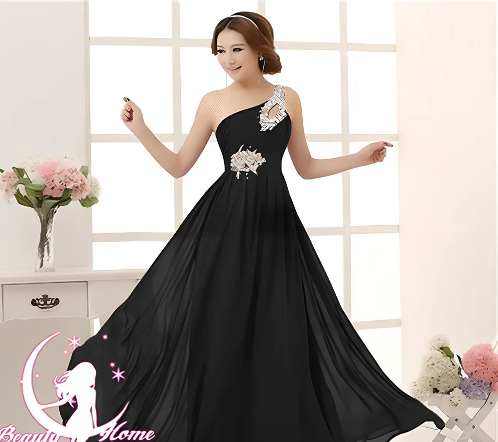 Polyester maxi dress in black, full 145cm length for evening bridesmaid wear, UK sizes S-XXXL