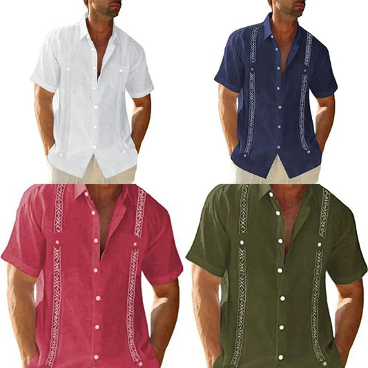 Men's casual Cuban-style Guayabera shirt with short sleeves and printed patterns