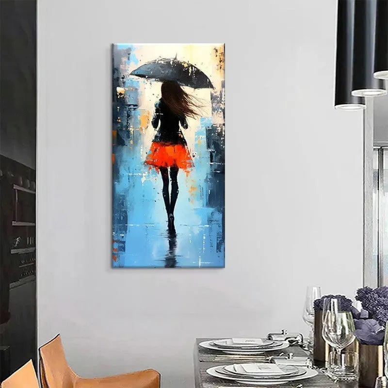 Hand painted modern abstract people walk rain oil painting on canvas wall art