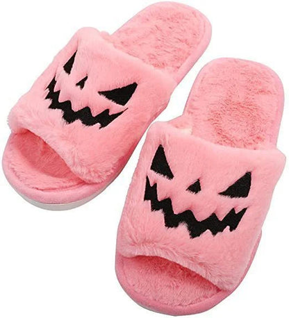 Halloween-themed women's winter slippers with rabbit fur upper in various colours