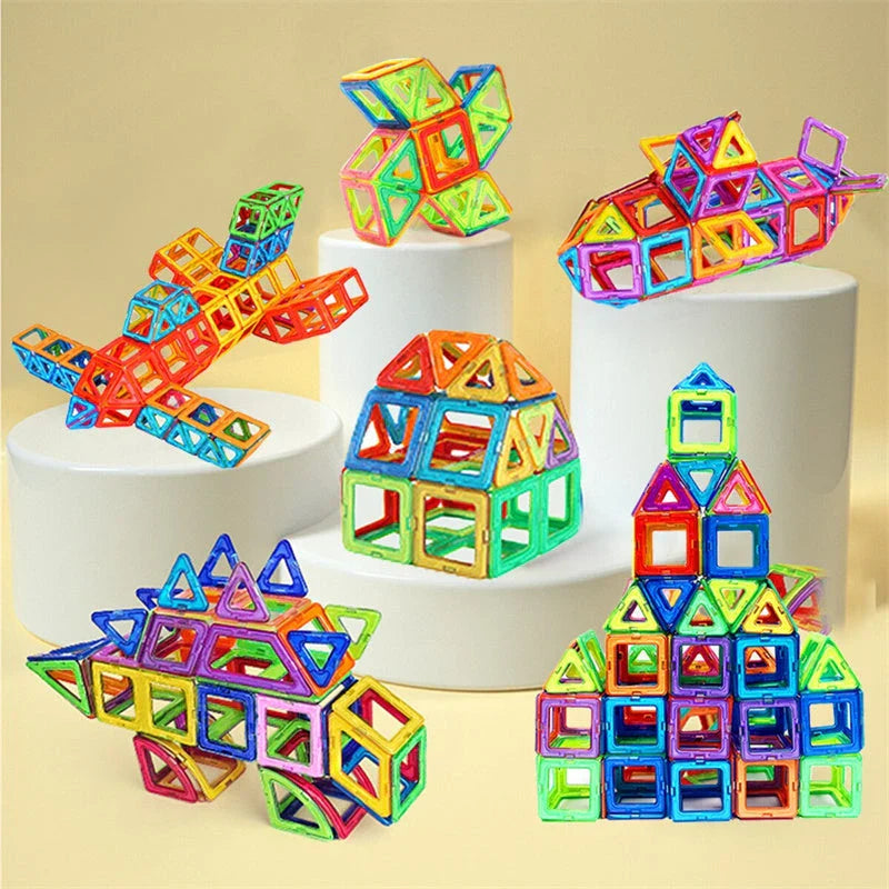 Premium magnetic building blocks in various shapes and sizes, showcasing the endless creative possibilities for kids