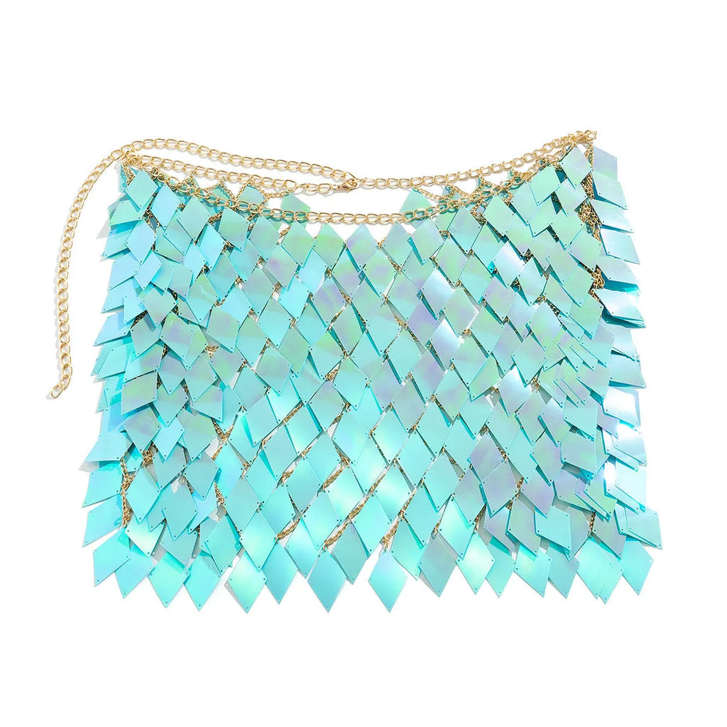 Geometric plastic body chain in orange with electroplated finish for women on a white background