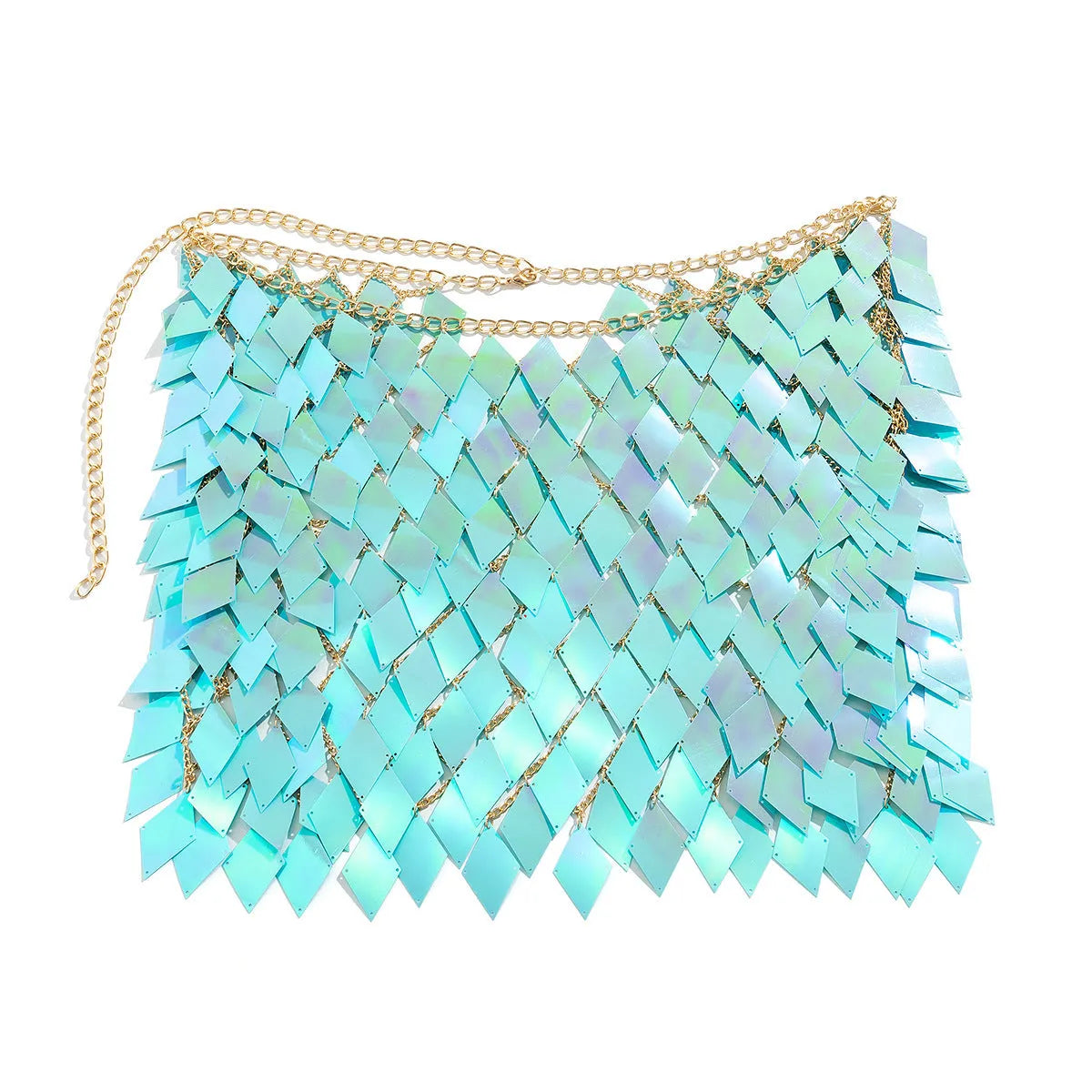 Geometric plastic body chain in orange with electroplated finish for women on a white background