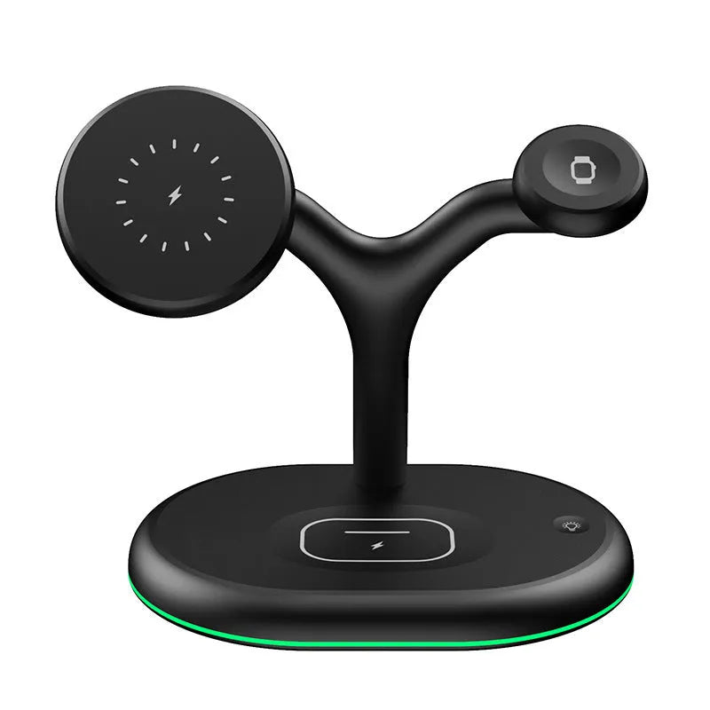 Black magnetic three-in-one wireless charging stand with vertical phone orientation and included TYPE-C cable