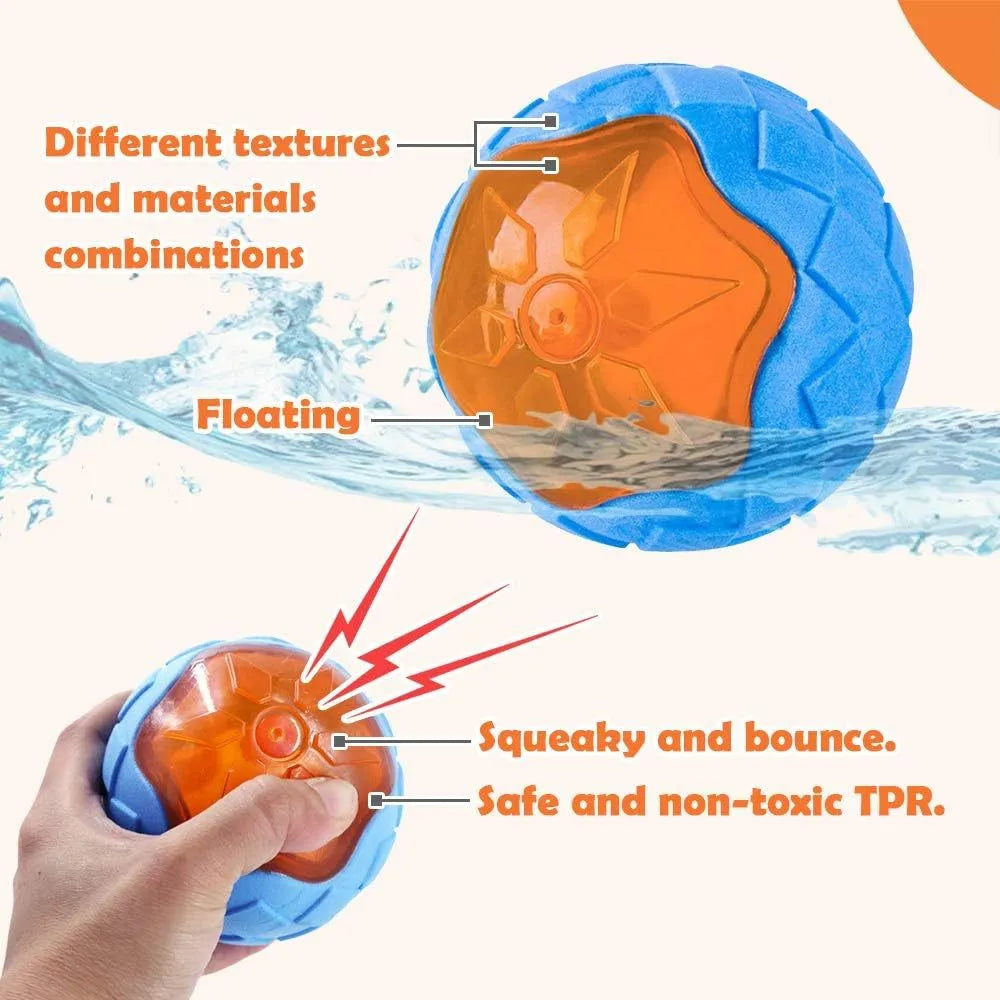 Three TPR floating squeaky dog toys: a red ball, a blue barbell, and an orange tyre.