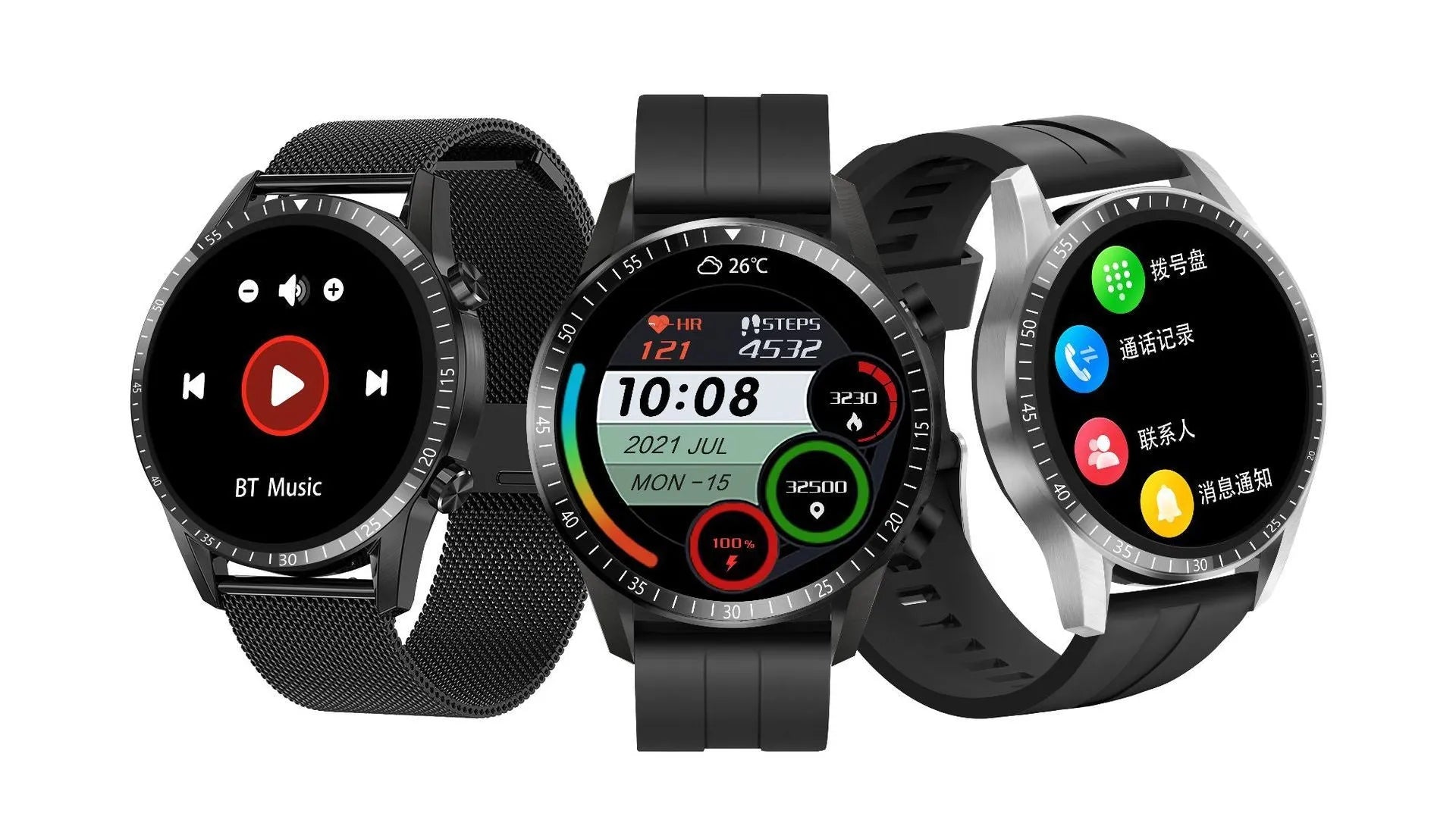 Round 46mm aluminium alloy smartwatch with touchscreen displaying heart rate and call functions