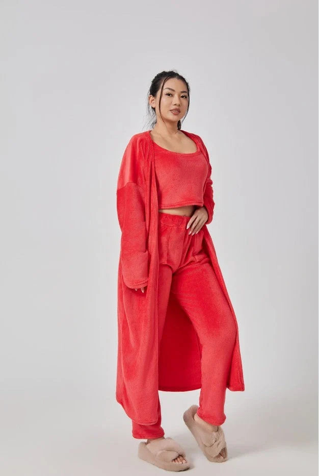 Cozy 3-Piece Loungewear Set - Soft and fluffy women's winter pajama set with crop top, wide-leg pants, and matching pullover