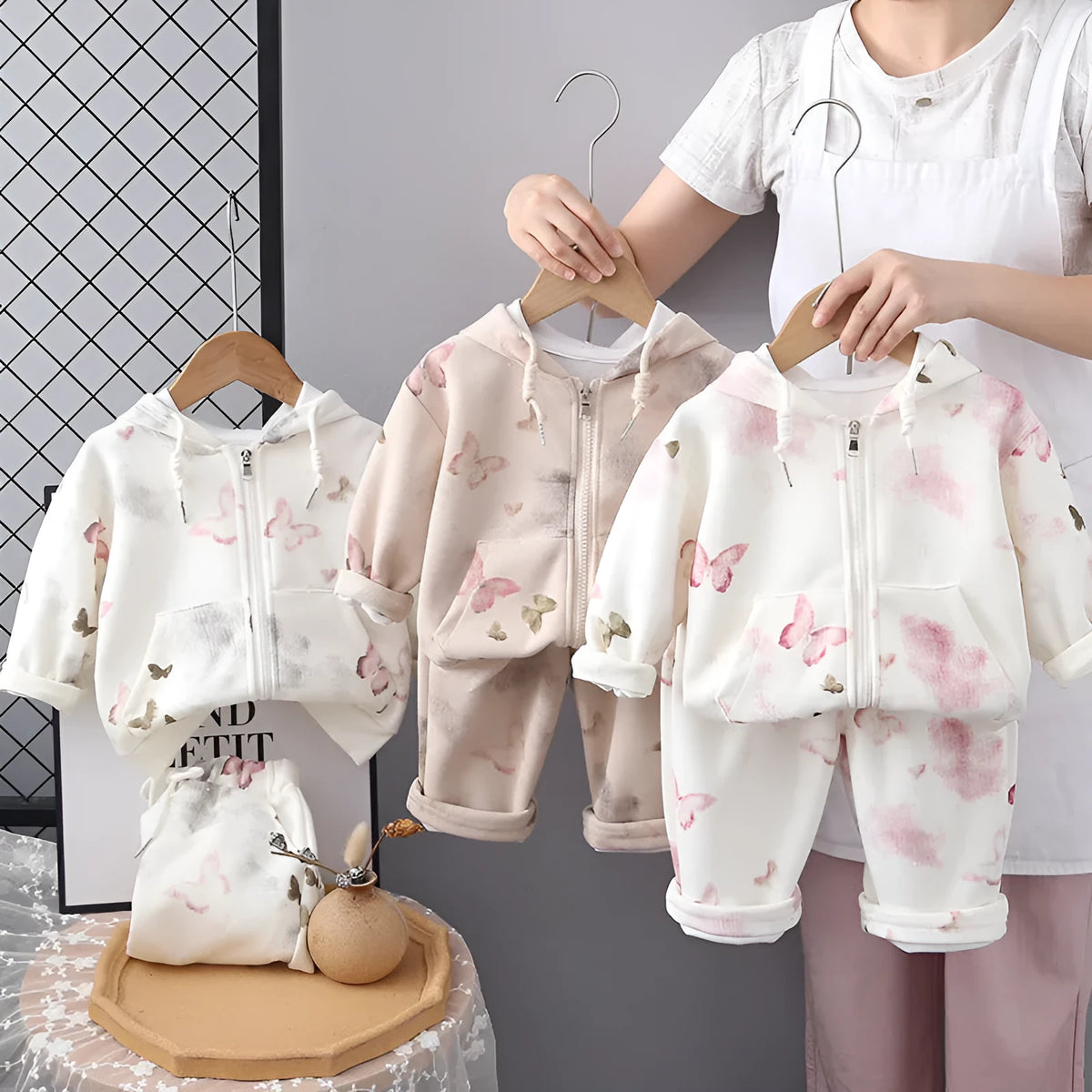 Children's cotton zip-up shirt and long trousers two-piece set in cartoon pattern, available in Gray
