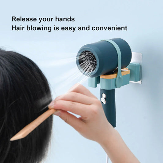 Adjustable wall-mounted hair dryer rack with silicone fixing belt in orange, pink, and green