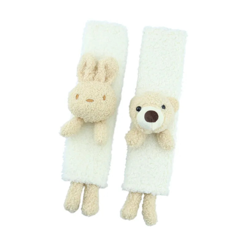 Cartoon plush lamb wool car seat belt shoulder protector in rabbit, bear, or rabbit+bear design.