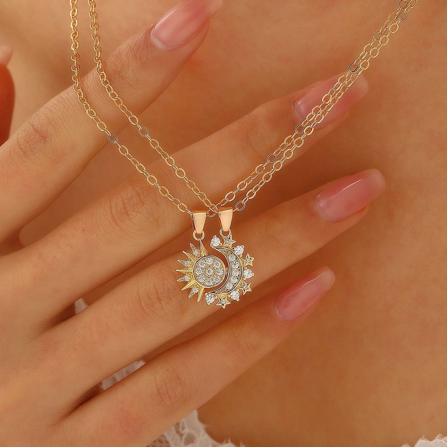 Sun and Moon Magnetic Pendant Clavicle Chain Necklace for couples in copper with geometric design