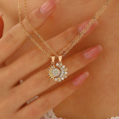 Sun and Moon Magnetic Pendant Clavicle Chain Necklace for couples in copper with geometric design