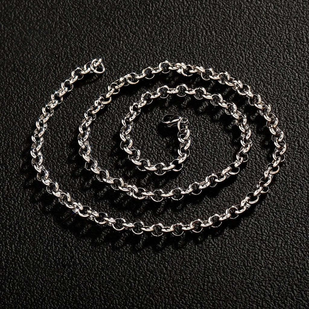 Silver stainless steel men's punk ring buckle necklace with O-ring chain on a neutral background