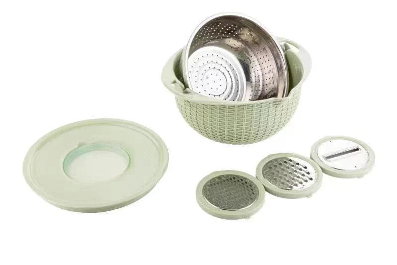 Multifunctional Rotating Fruit and Vegetable Colander with Interchangeable Blades for Slicing, Shredding, and Dicing