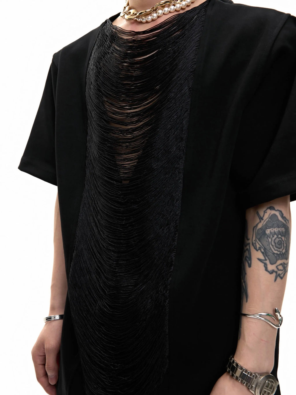 Men's black loose fit V-neck T-shirt with hollow out design and short sleeves
