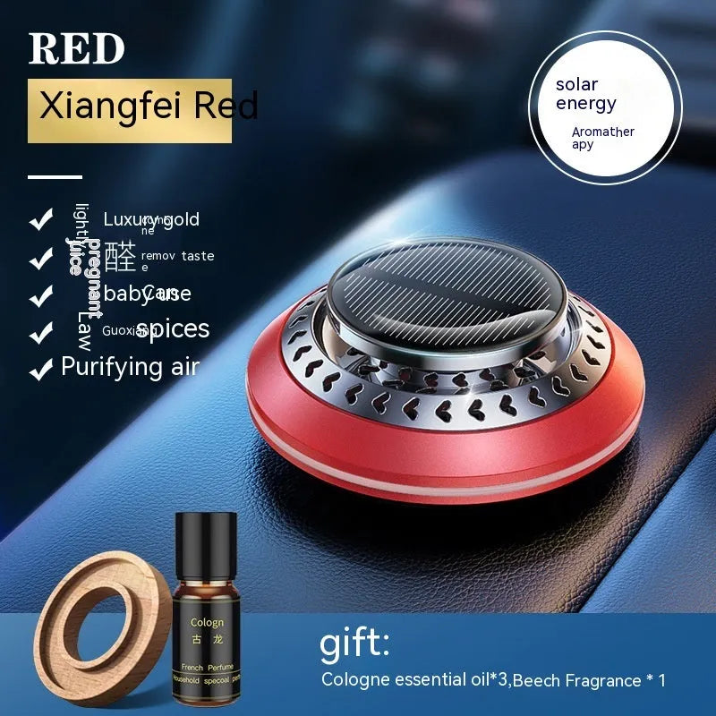 Solar-powered aluminium alloy car air freshener with wood scent slices, measuring 80mm tall.