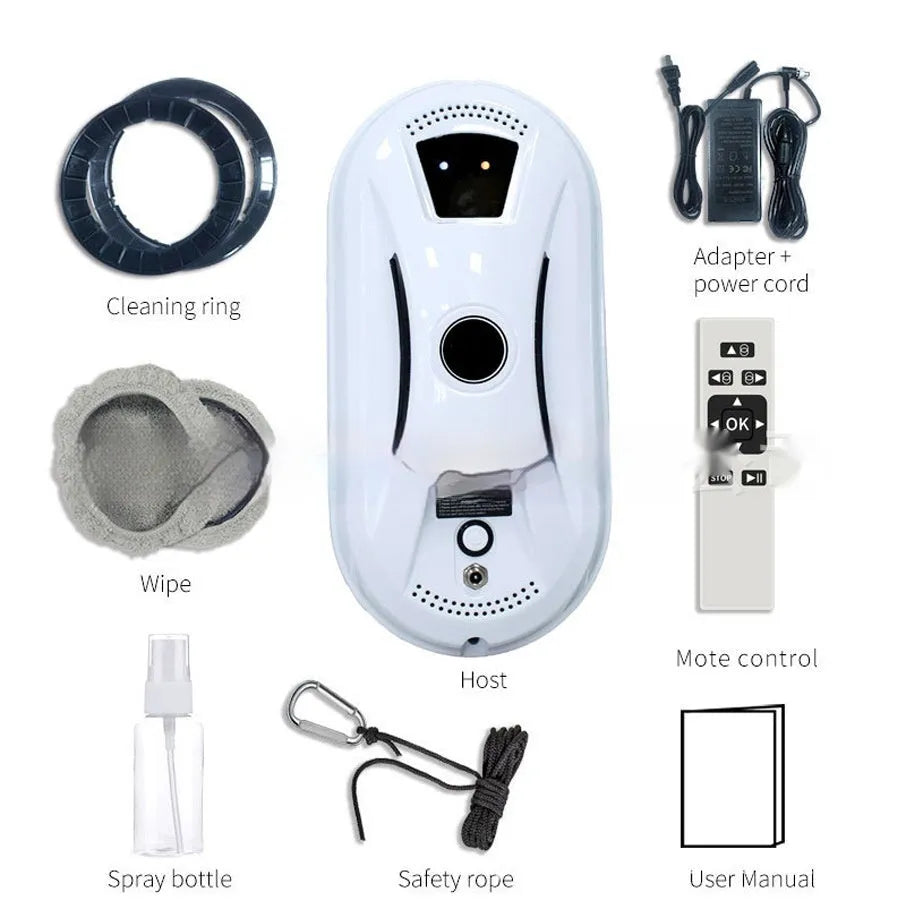 White automatic window cleaning robot HCR-02 with remote control, 28cm long, on a glass surface