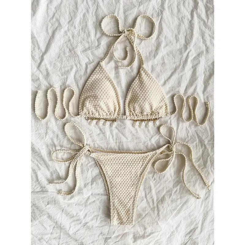 Women's halter lace-up bikini swimsuit in milky white with adjustable side ties