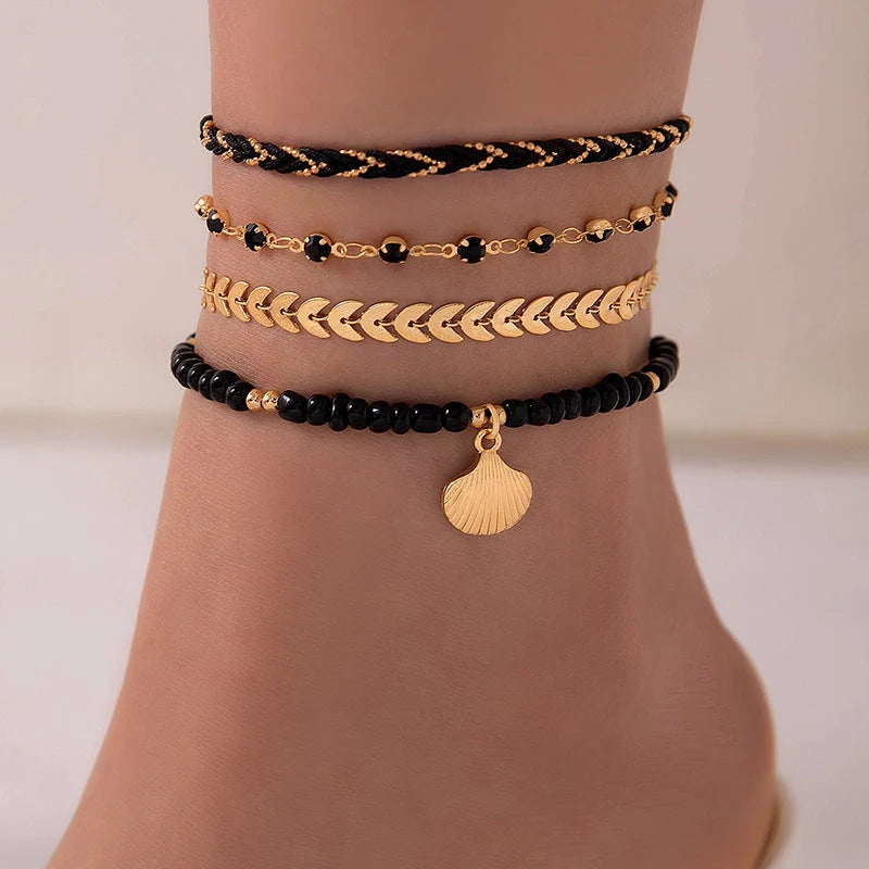 Bohemian woven rope foot chain set with geometric alloy black beads for summer fashion