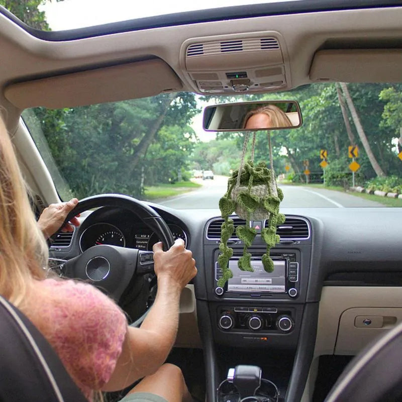 Green and white knitted wool car dashboard plant ornament with hanging rope