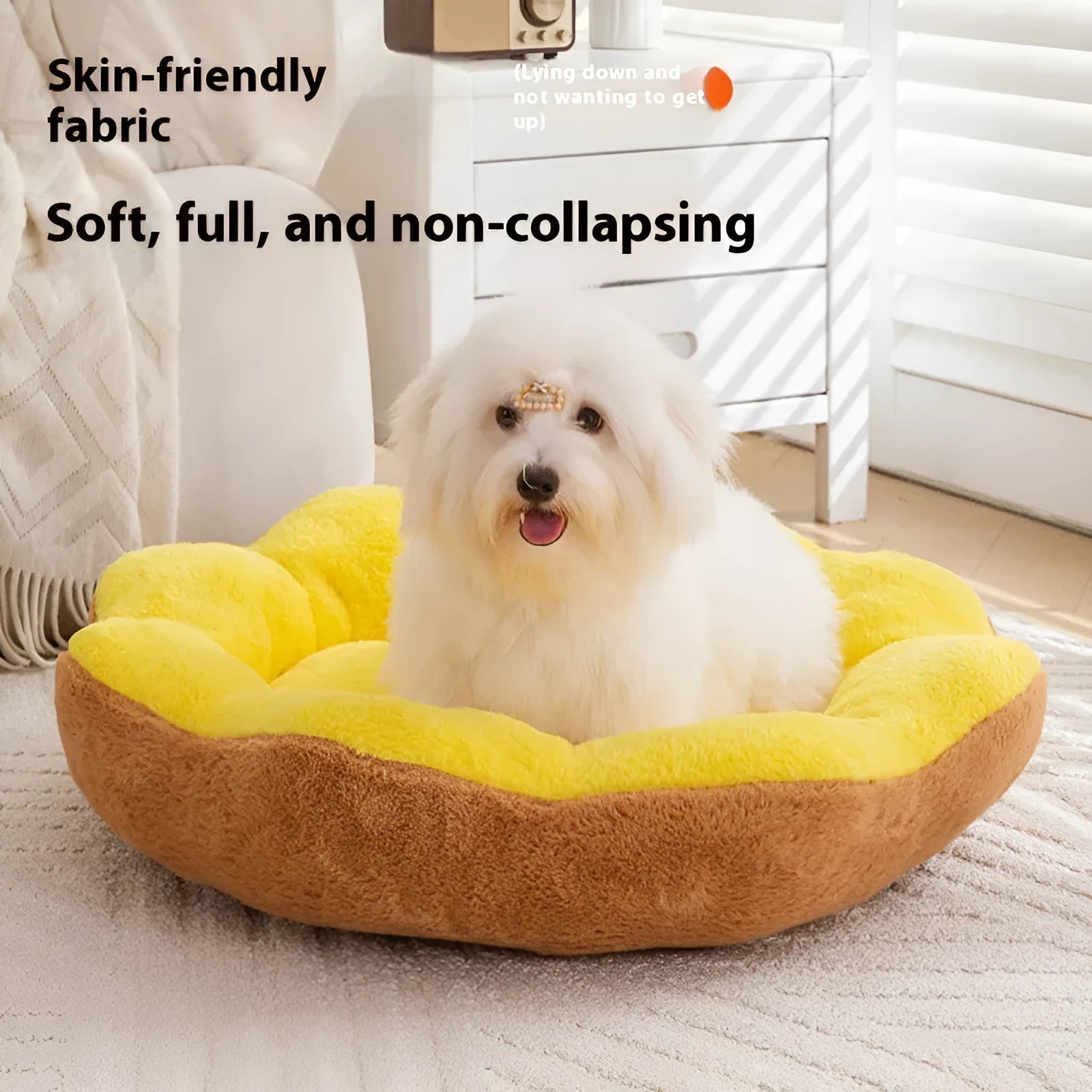 A thick round rabbit plush pet bed in a soft colour, shown detached for washing.