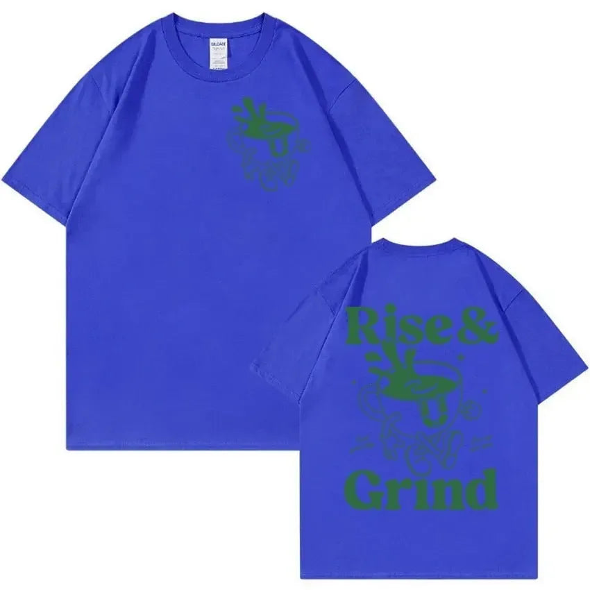 Rise And Grind Green Coffee expression printed on loose fit linen T-shirt