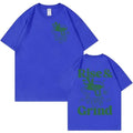 Rise And Grind Green Coffee expression printed on loose fit linen T-shirt