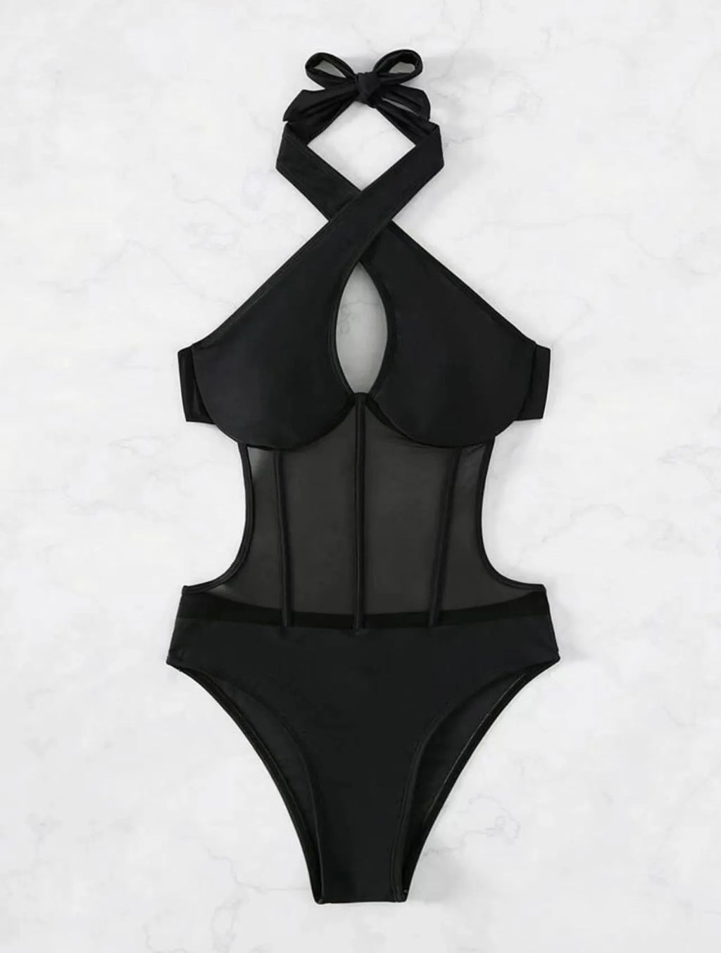 Women's black one-piece swimsuit bikini made from nylon and spandex fabric on mannequin