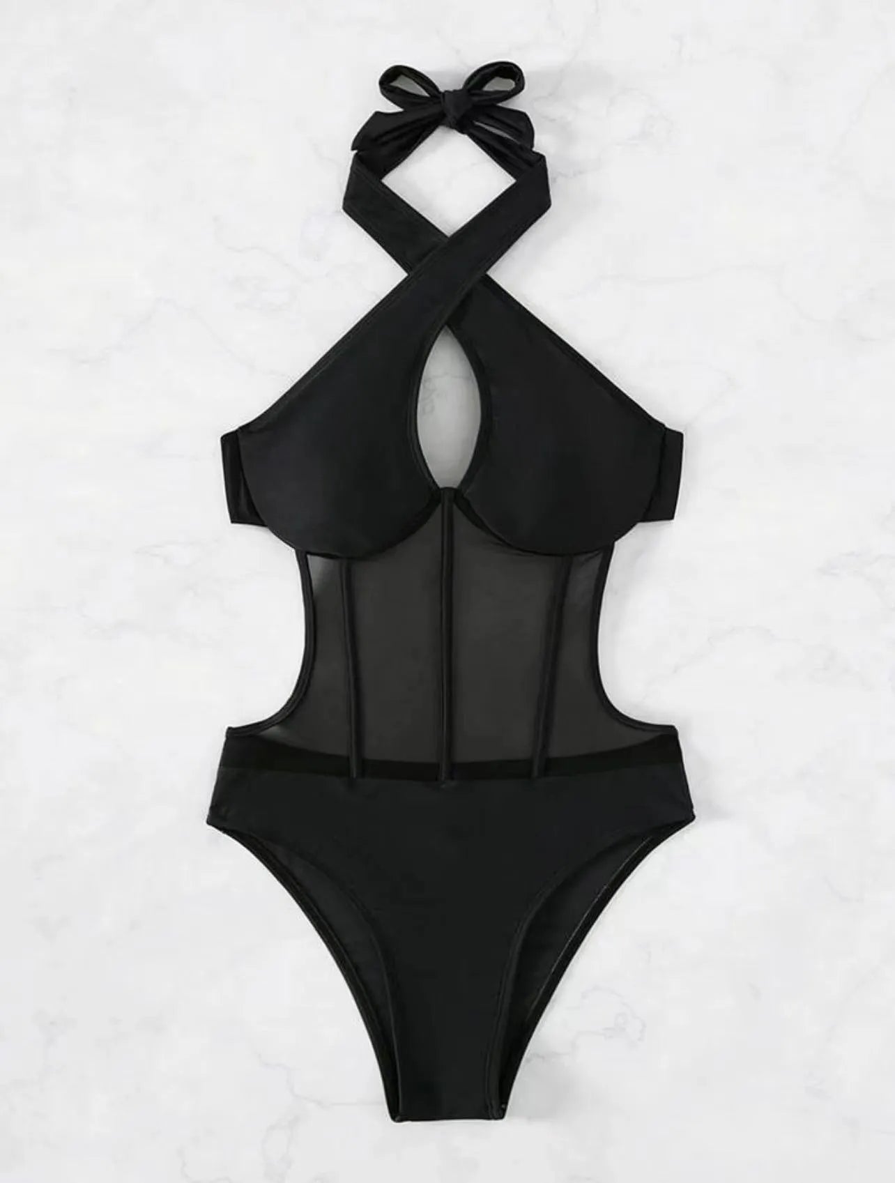 Women's black one-piece swimsuit bikini made from nylon and spandex fabric on mannequin