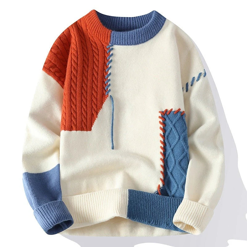 Men's Colorblock Pullover Sweater in green, orange, and grey for winter fashion