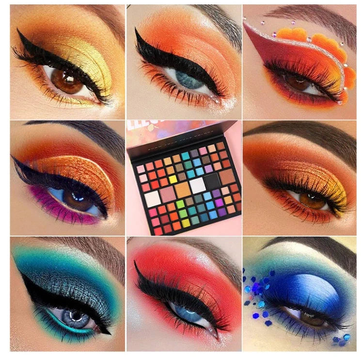 66-colour waterproof eyeshadow palette with matte and shimmer shades in pink packaging measuring 25.8cm by 20.5cm