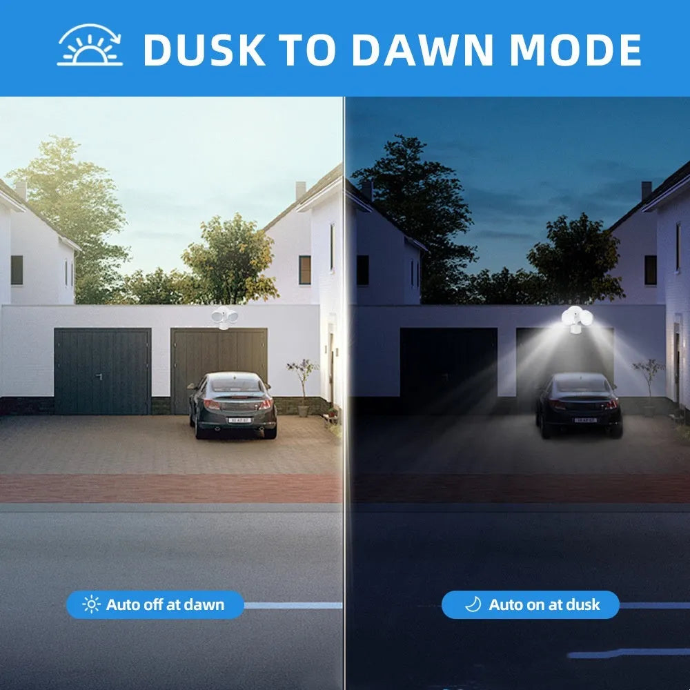 White 120V LED security floodlight with motion sensor showing wall mount bracket and dimensions.