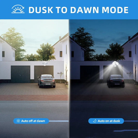 White 120V LED security flood light with motion sensor, dimensions 200x195x168mm, for outdoor installation