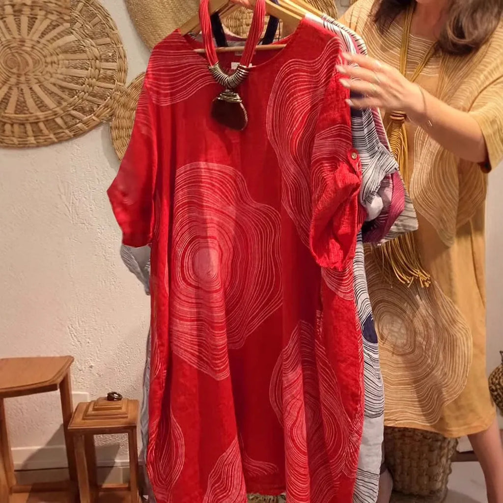 Women's round neck abstract 3D effect print dress with A-line skirt, mid waist, in red colour, polyester fabric