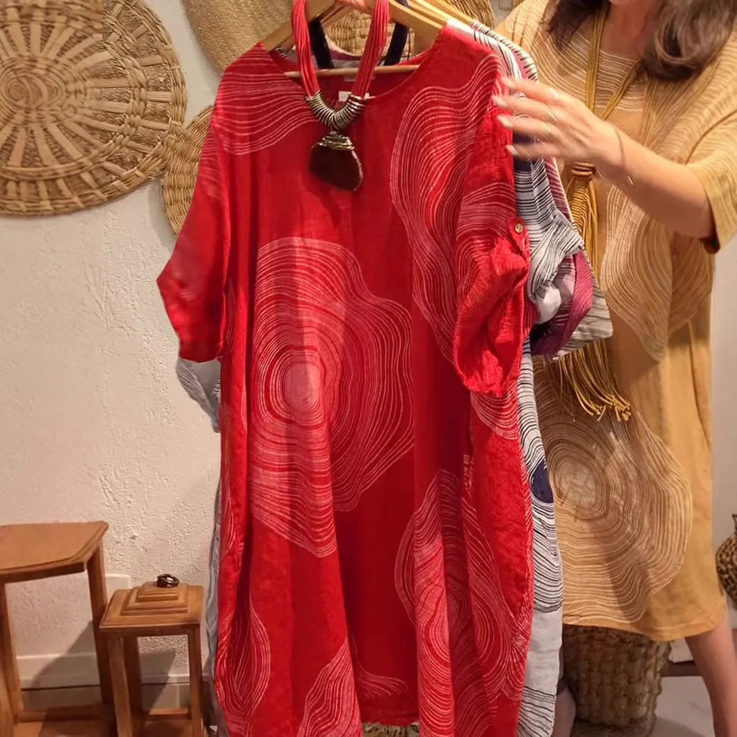 Women's round neck abstract 3D effect print dress with A-line skirt, mid waist, in red colour, polyester fabric