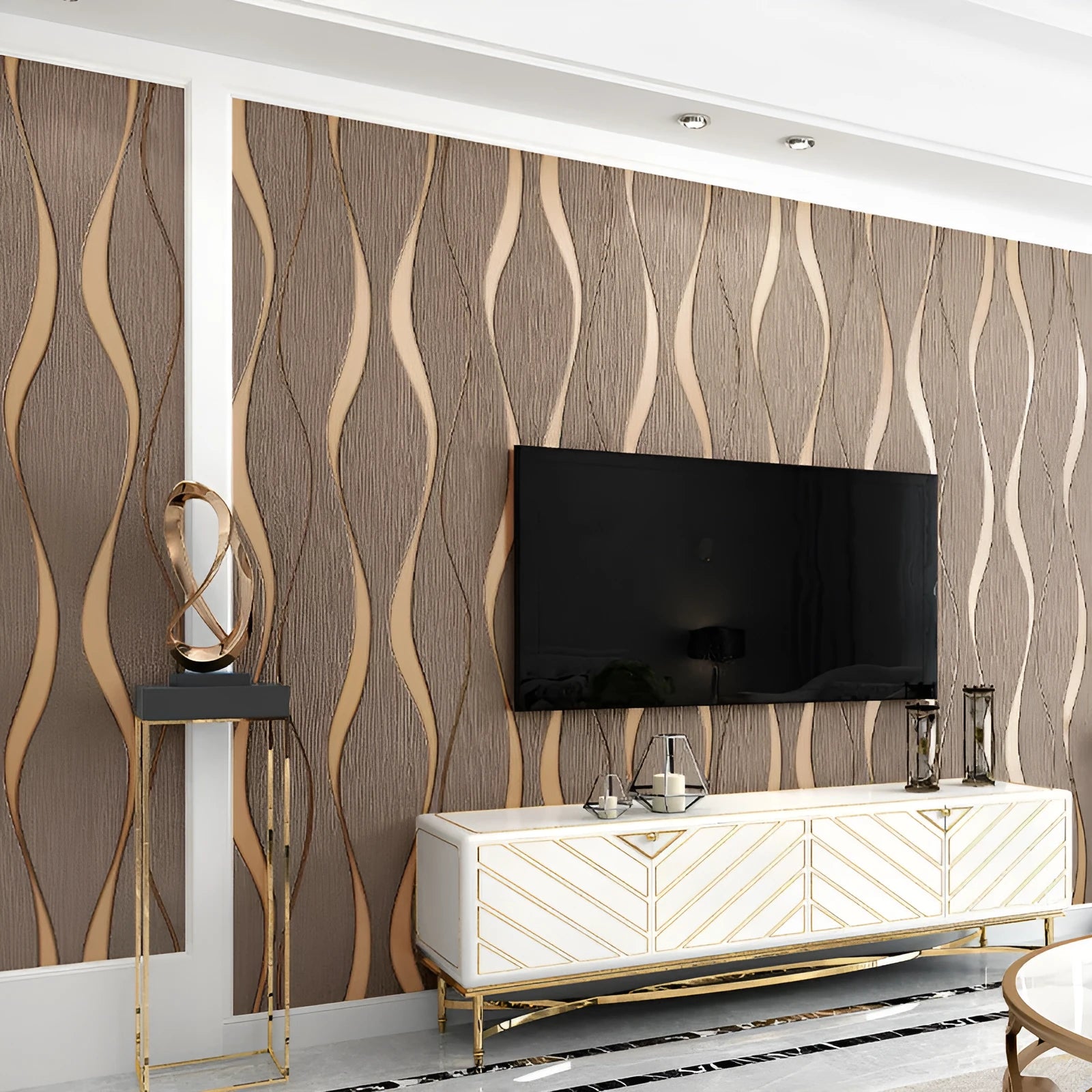 Close-up of light grey 3D Curve Stripe pattern on thick velvet wallpaper texture.