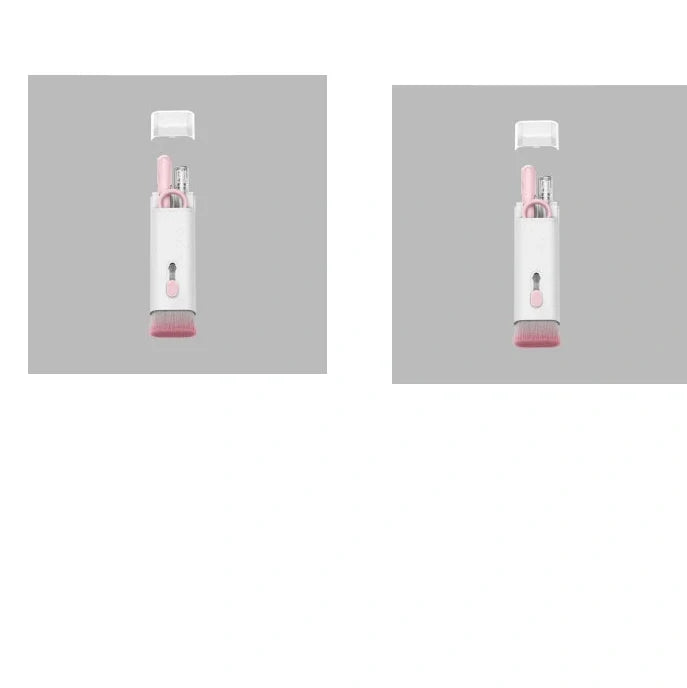 Pink and blue computer cleaning pen set with brush, keycap tool, and empty spray bottle