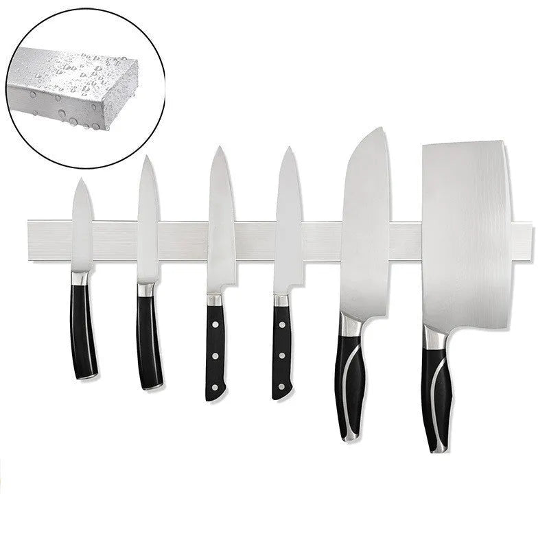 Stainless steel wall-mounted magnetic knife storage rack in various sizes.