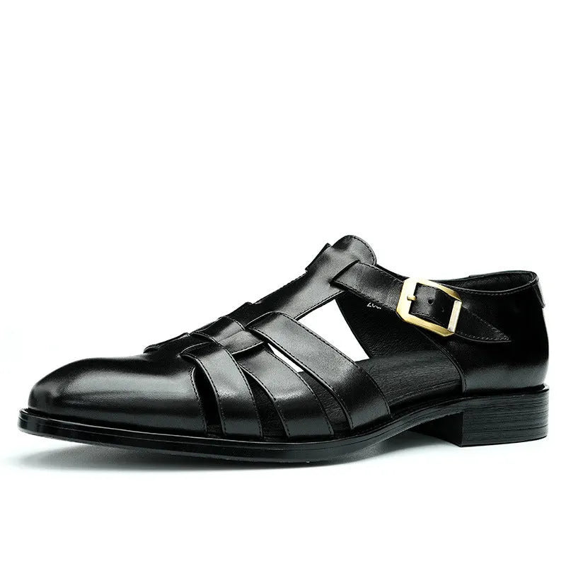 Men's black retro leather sandals with a cowhide upper and visible stitching.