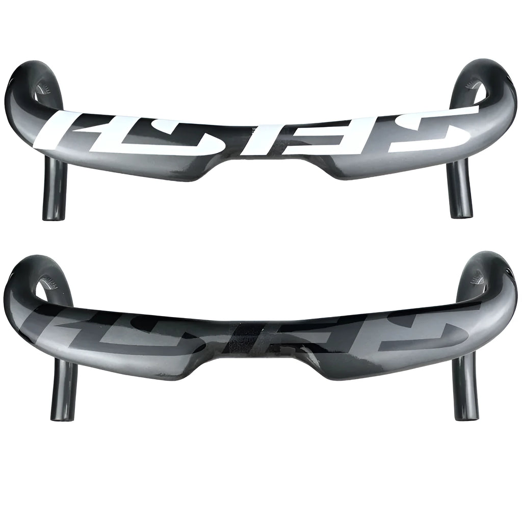Carbon fibre road bike drop handlebar showing 31.8mm clamp, available in 380mm, 400mm, 420mm, and 440mm widths.