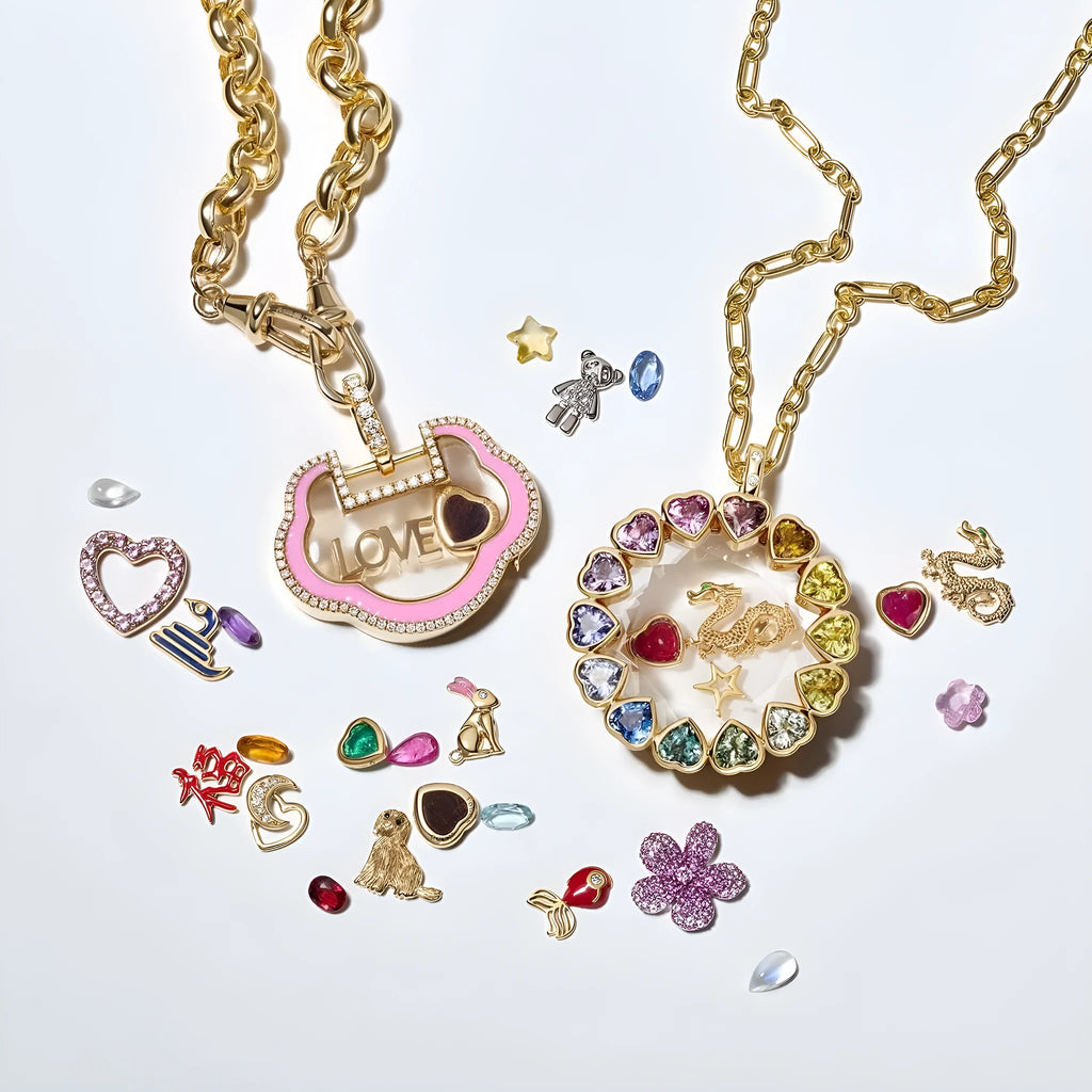 Small pendant necklace for women with heart-shaped mixed gem inlay on copper chain